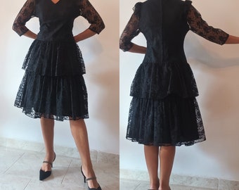 Vintage Women Black Lace Dress Size M/38 Midi Black Lace Dress 3/4 Lace Sleeve Dress Night Out Dress Layers Dress Midi All Lace Dress