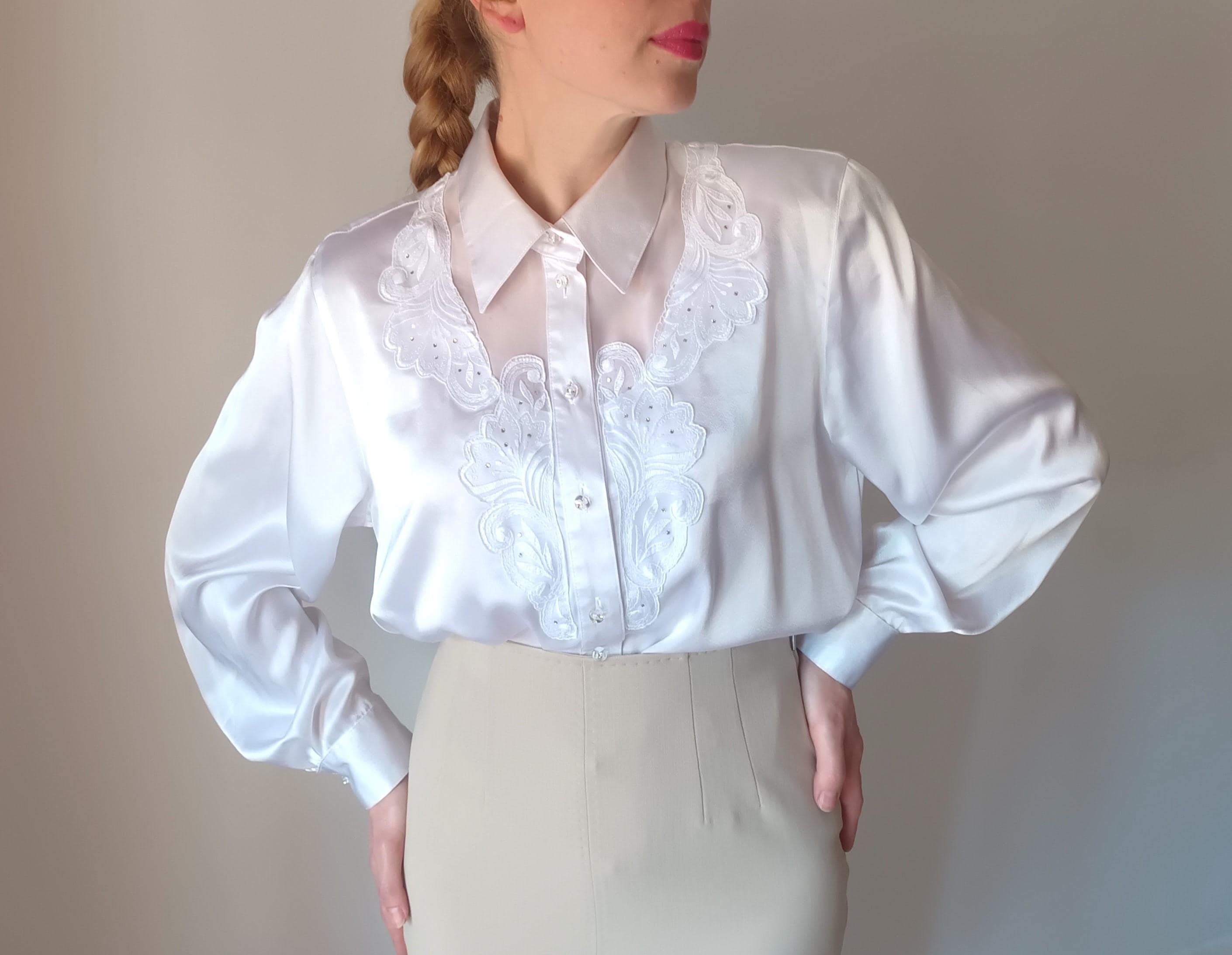 Vintage Womens White Satin Blouse Size L White Lace Sheer Satin