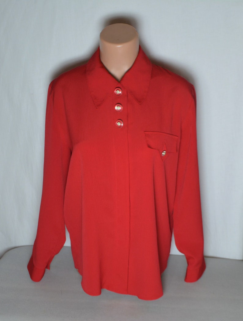 Vintage Women Red Blouse Size L Red Solid Collared Blouse Long Sleeve Gold Buttons Red Shirt Retro Red Blouse Capsule Wardrobe Blouse image 1