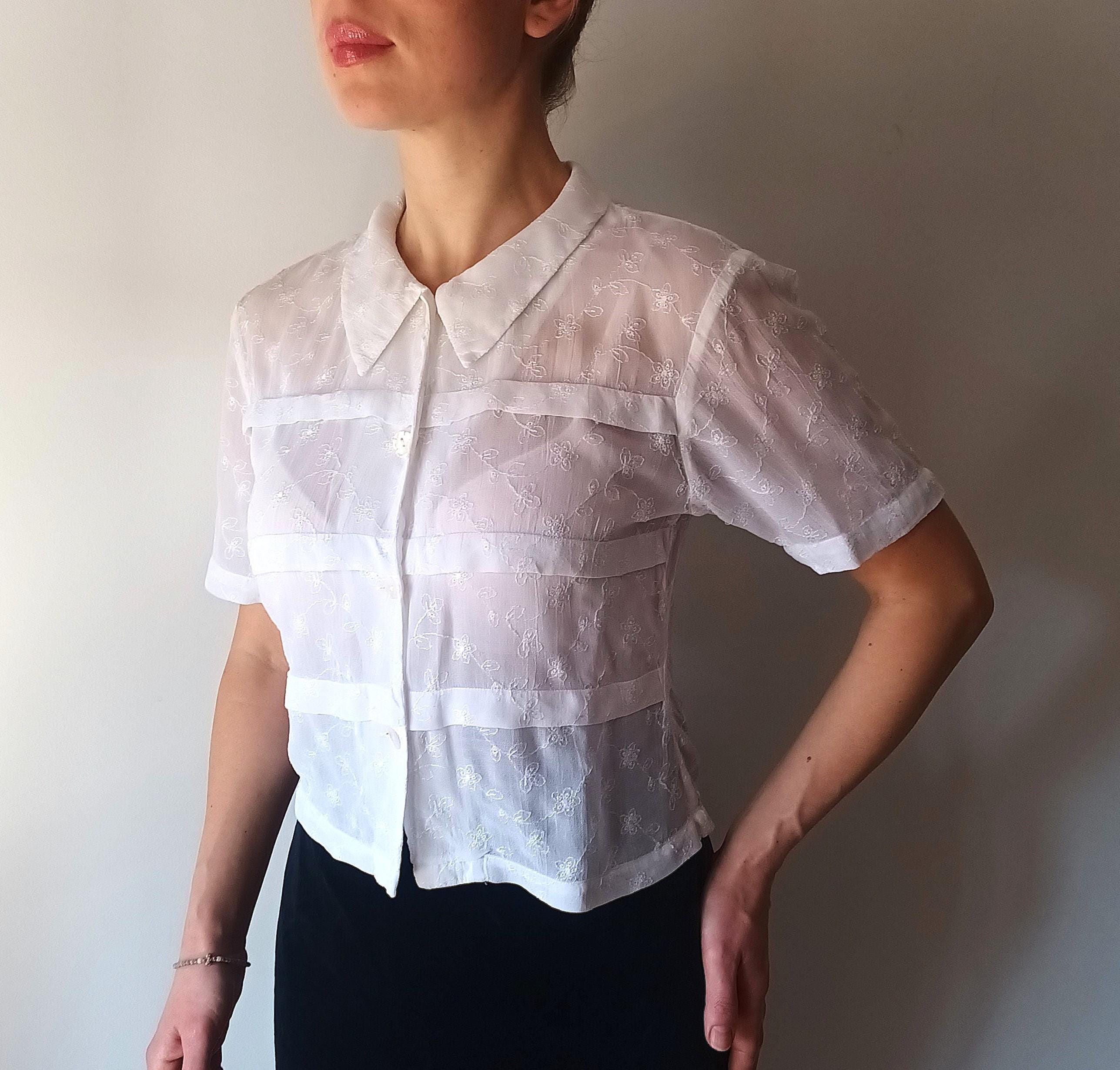 Vintage White Semi Sheer Short Sleeve Blouse Size S/36