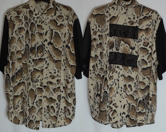 Blusa vintage para mujer talla L, camisa con estampado animal, blusa de viscosa de manga corta, blusa negra, marrón y beige con botones y estampado de leopardo.