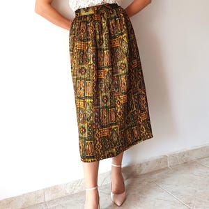 Vintage Womens Yellow Khaki Green Midi Plisse Skirt Size M Pleated Green Purple Midi Skirt Abstract Print Art Deco Below Knee Length Skirt