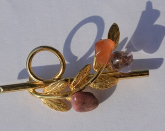 Vintage Flower Brooch with Natural Stones Leaf Brooch Gold Tone Multi Colors Pin Orange Purple Gold Brooch Gift for Her Real Stones Brooch