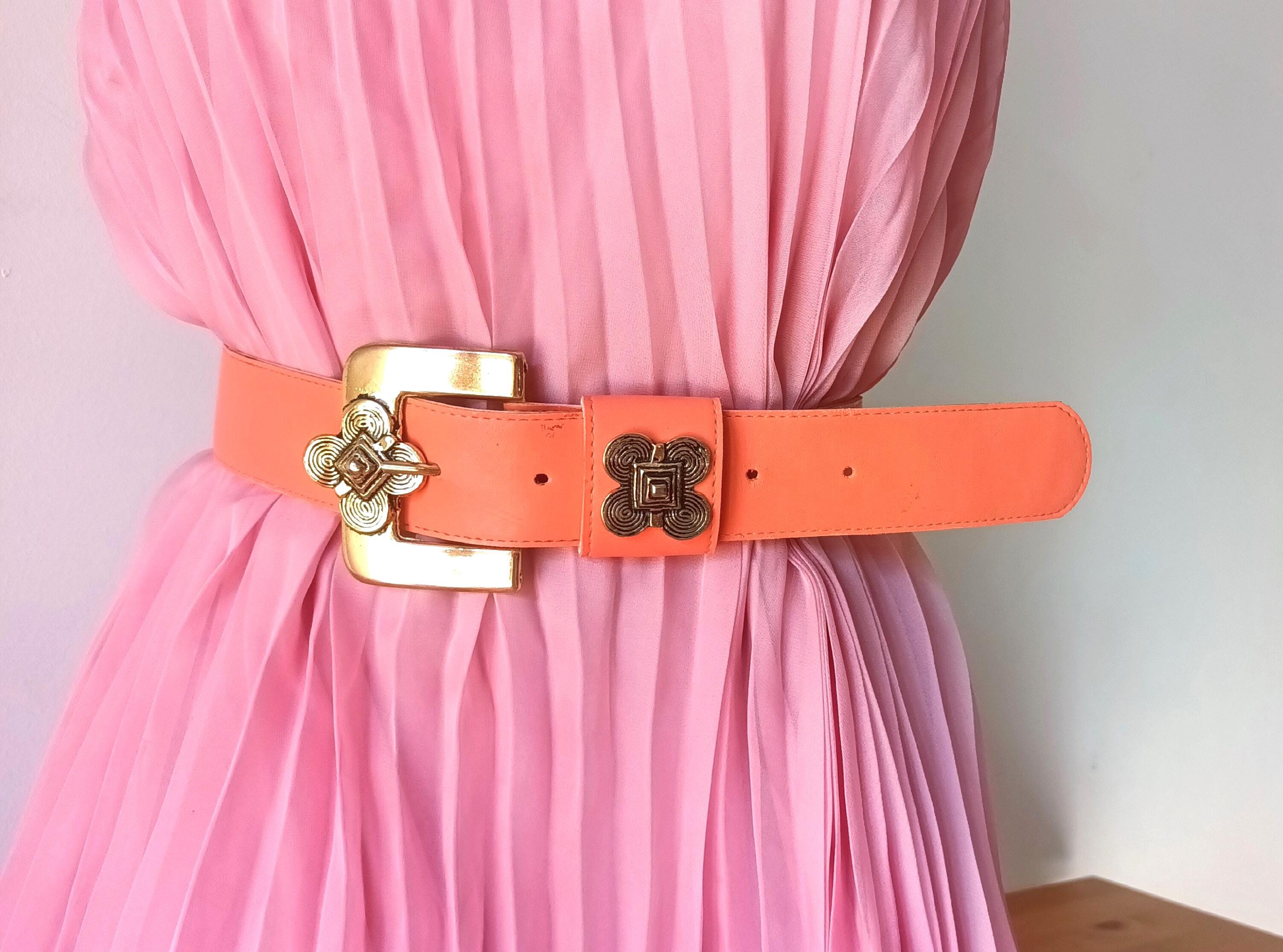 UEC VINTAGE Coral Pink Belt Stretch Belt Gold & Crystal Stones Embellishment OS Crazy Color Pink Coral Belt – Statement Leather | Silver  main image 4