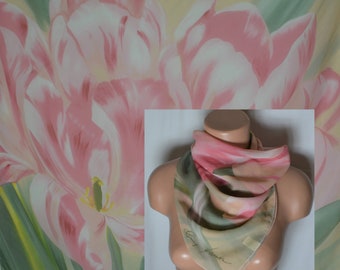Vintage Women Floral Scarf Square Scarf Pink Tulips Scarf Floral Print Scarf Flowers Neck Scarf Pastel Colors Pink Green Beige Yellow Scarf