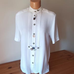 Vintage Women&#39;s White Dirndl Shirt Size S/36 White Trachten Folk Tyrol Oktoberfest Bavarian Button Shirt Short Sleeve Decorated Front Shirt