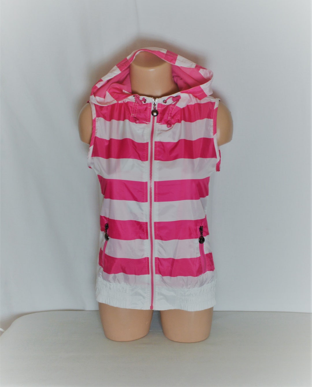 Retro Women Hooded Vest Size M Neon Pink White Fuchsia