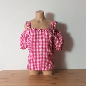 Vintage Dirndl Top Size L Fuchsia White Corset Top Open Shoulder Top Pink White Gingham Short Puffy Sleeve Oktoberfest Trachten Shirt Blouse