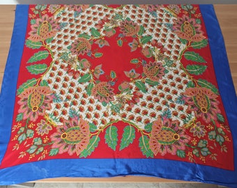 Bufanda cuadrada de seda estilo étnico folk rústico vintage para mujer, bufanda de seda con estampado floral jacobino, azul, rojo y verde, estilo bohemio, bufanda tradicional y elegante para el cuello.