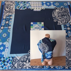 Vintage Silk Square Scarf Blue White Silk Scarf Floral Square Scarf Abstract Silk Blue Green Scarf Geometric Silk Scarf Rustic Silk Scarf