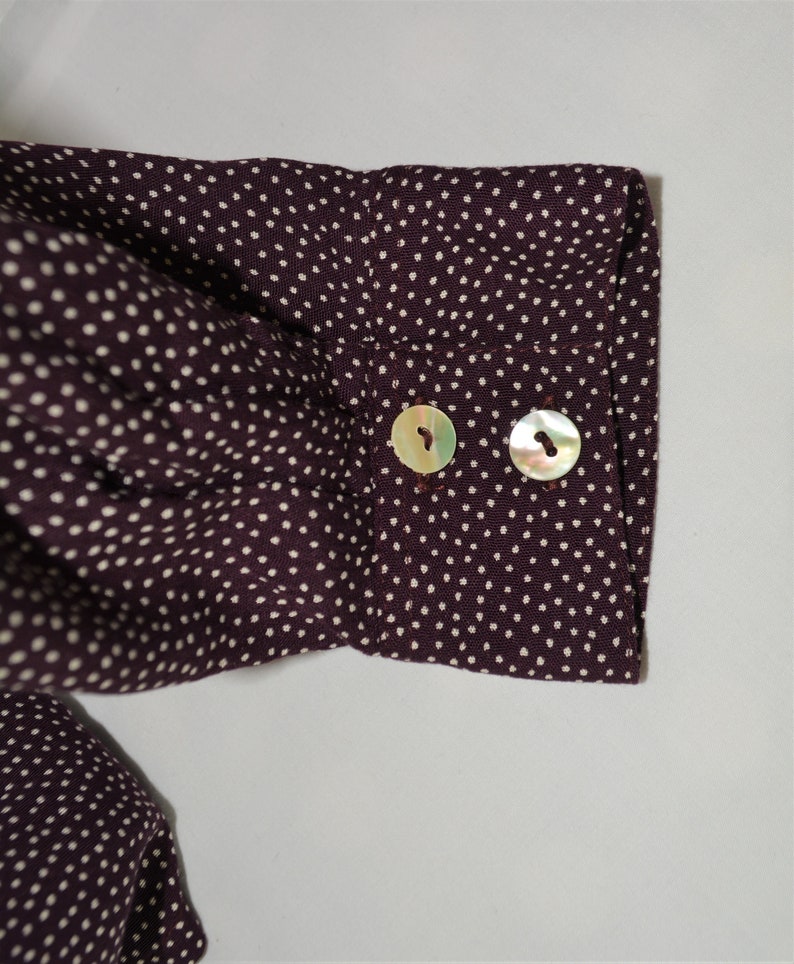 Vintage Blouse with Lace Collar Burgundy Polka Dot Print Long Sleeve Blouse Top with White Ecru Lace Collar Size Large Shell Buttons Shirt