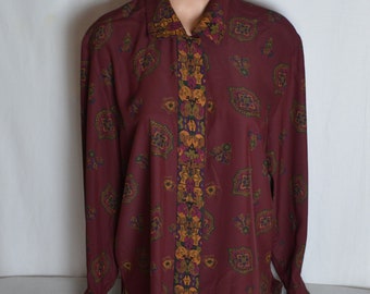 Vintage Women Blouse Size M Burgundy Paisley Pring Long Sleeve Buttons Shirt Made in Japan Polyester Blouse Retro Floral Print Burgundy Top