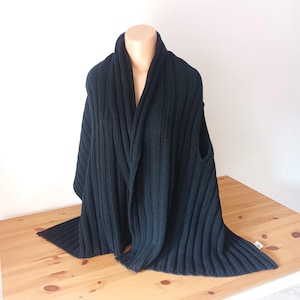Vintage Women Black Wool Knit Cardigan One Size Knit Black Wool Long Wrap Winter Shawl Black Wool Cover up Black Open Front Wool Sleeveless