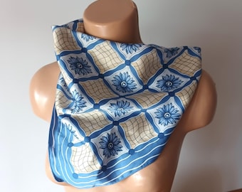 Vintage Blue Yellow Satin Floral Bandana Blue Flowers Scarf Satin Floral Neckerchief Blue Geometric Neck Scarf Floral Kerchief Made in Italy