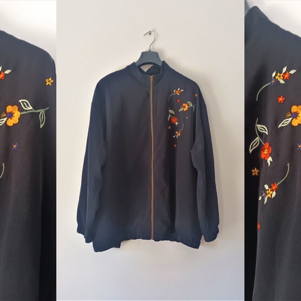 Delta Burke Vintage Women's Black Light Bomber Jacket Size XL Floral Embroidered Black Blazer Basic Long Sleeve Jacket Zipped Windbreaker