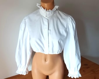 Vintage White Dirndl Crop Top Size M Puffy Balloon 3/4 Sleeves Crochet Shirt Cotton Ruffled Collar Shirt Trachten Under Dress Dirndl Top