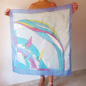 Vintage Blue Pink Yellow Silk Scarf Square Nautical Scarf Surfing Print Scarf Hand Painted Silk Square Scarf Sea Surf Scarf Picture Scarf