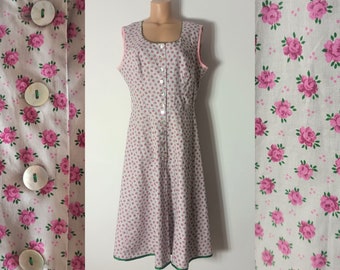 Vintage Dirndl Floral Dress Size L/44 Cotton Floral Midi Dress Gray Pink Sleeveless Austrian Folk Trachten Fairytale Princess Dress Bavarian