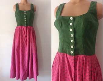 Vintage Dirndl Dress Size S Green Pink Maxi Dress Cotton Linen Solid Floral Print Sleeveless Austrian Folk Trachten Fairytale Princess Dress