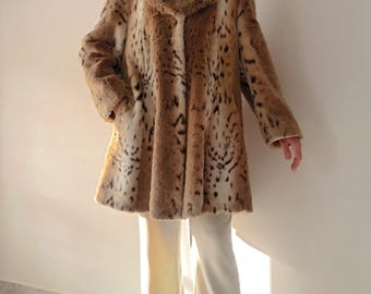 Vintage Women Leopard Print Faux Fur Coat Size L Brown White Flared Fur Coat Eco Fur Overcoat Knee Length Animal Print Vegan Fur Belguim
