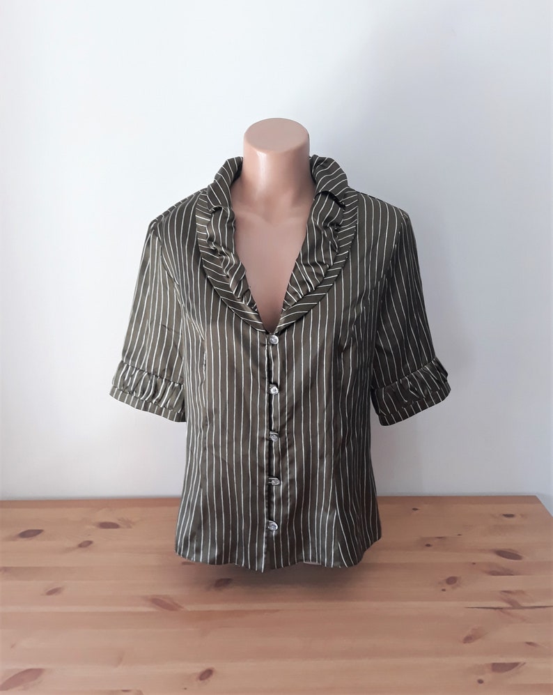 Vintage Women Satin Green Khaki Blouse Size L Green Satin Striped Shirt Short Sleeve Collared Shiny Green Blouse Button Y2K Style Blouse image 5