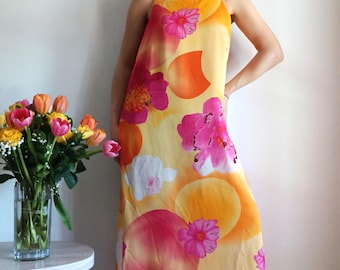 vintage Robe longue à fleurs orange fuchsia jaune fuchsia taille L Robe longue sans manches à fleurs orange caraco Grandes fleurs d'été longue droite