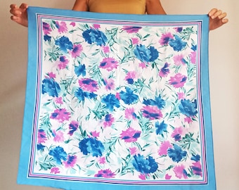 Bufanda floral vintage para mujer, bufanda con flores azules, moradas y verdes, bufanda cuadrada floral, bufanda multicolor para el cuello, bufanda retro, pañuelo para la cabeza, bufanda brillante.