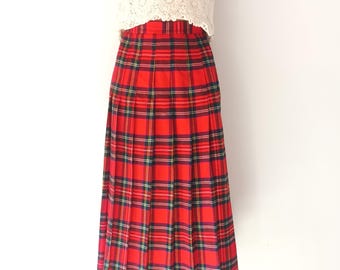 Vintage Women Red Plaid Pleated Skirt Size S Red Black Midi Pleated Skirt Below Knee Tartan Skirt Winter Skirt Checked Pleated Midi Skirt