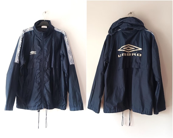UMBRO Vintage Mens Dark Blue Rain Jacket Size M Hooded Nylon