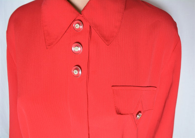 Vintage Women Red Blouse Size L Red Solid Collared Blouse Long Sleeve Gold Buttons Red Shirt Retro Red Blouse Capsule Wardrobe Blouse image 2