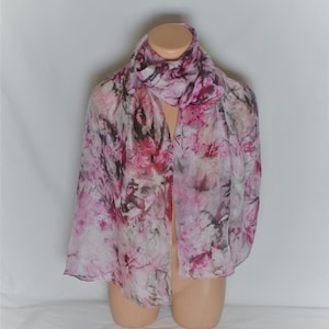 Vintage Women Silk Scarf Gray Pink Ombre Silk Scarf Handrolled Hand Dyed Long Silk Scarf Light Marble Print Multicolored Neck Scarf
