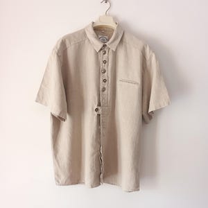 Vintage Men&#39;s Dirndl Linen Beige Shirt Size XXL Natural Color Tan Trachten Linen Solid Short Sleeve Shirt Buttoned Chest Pocket Folk Shirt