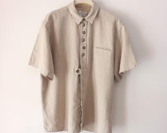 Camicia Dirndl in lino beige vintage da uomo, taglia XXL, colore naturale, camicia tradizionale in lino a maniche corte, con taschino sul petto e bottoni, camicia folk