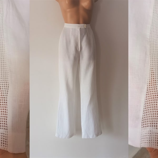 Vintage femmes blanc lin pantalon taille M/38 taille haute blanc solide pantalon droit taille haute été pantalon rétro Y2K Style pantalon maille ourlets