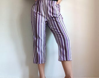 Vintage pantalon capri en coton rose violet pour femme taille S imprimé rayé prune violet décontracté taille élastique pantacourt mi-mollet court