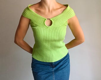 Vintage Womens Green Sleeveless Off the Shoulder Top Size XS/S Green Solid Ribbed Open Shoulder Top Green Sleeveless Stretchy Top y2K Style