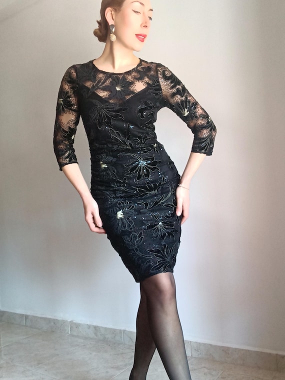 Vintage Womens Black Semi Sheer Sequined Mini Dress Size XS Black Lace Floral Short Dress 3/4 Sleeve Embroidered Holiday Shiny Party Dress