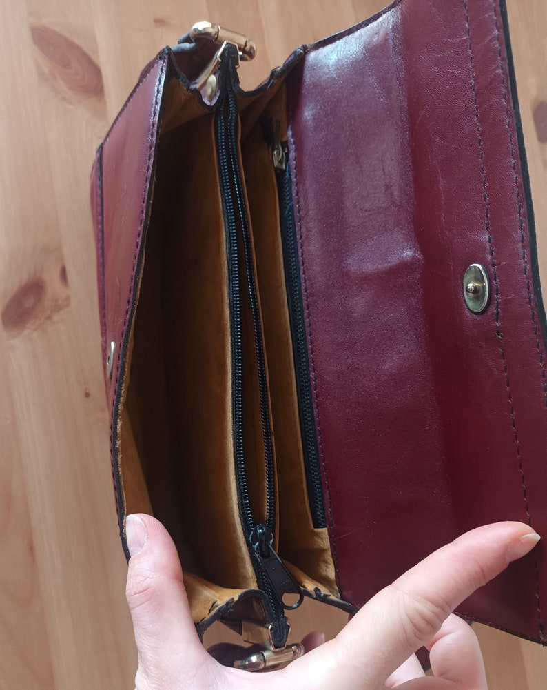Vintage Women Burgundy Leather Flap Bag Burgundy Leather Shoulder Bag Maroon Messenger Bag Burgungy Leather Crossbody Bag Wine Flap Bag image 9