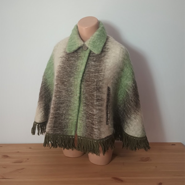 Vintage Women Wool Mohair Cape with Armholes Size XS/S/M Green Brown Mohair Sweater Cape Shawl Cardigan Mohair Stole Poncho Wrap Blanket