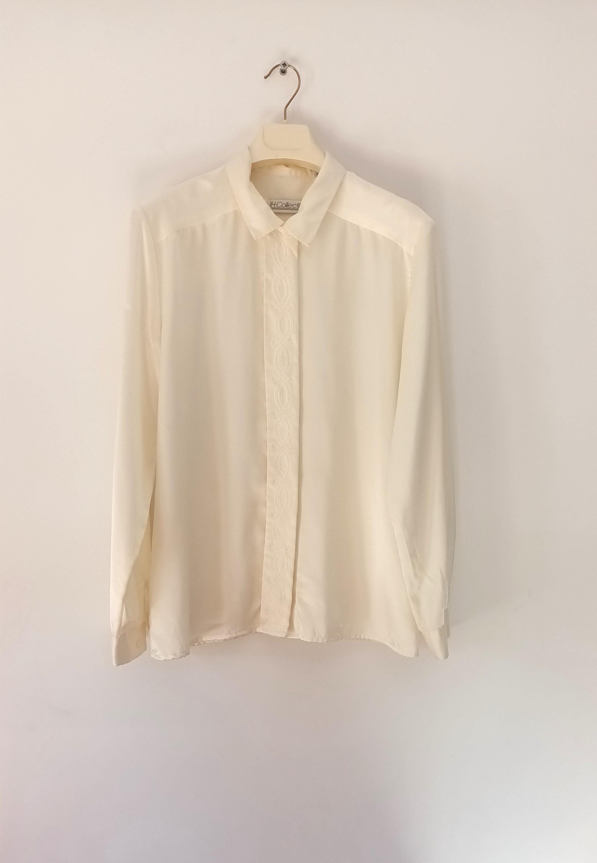 Vintage Women off White Satin Blouse Size M Ecru Satin Shirt Long