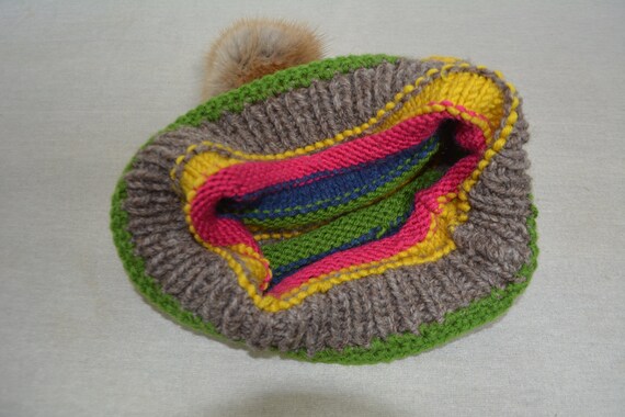 Vintage Kids Knitted Wool Rainbow Beanie with Fur… - image 9