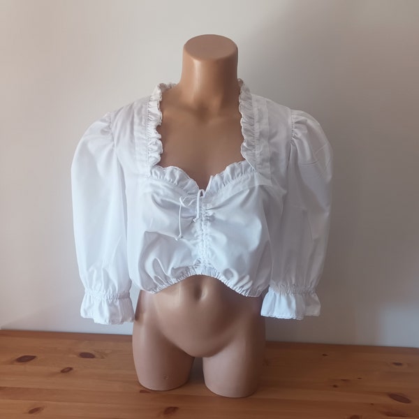Vintage White Dirndl Crop Top Size XL/48 Puffy Balloon Short Sleeve Ruffle Shirt Cotton Blouse Trachten Under Dress Dirndl Peasant Top