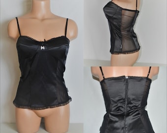 Women Sexy Black Corset Top Bustier Size XS Satin Black Mesh Details Corset Top Back Zipper Stretchy Tulle Bustier Top Made in Italy