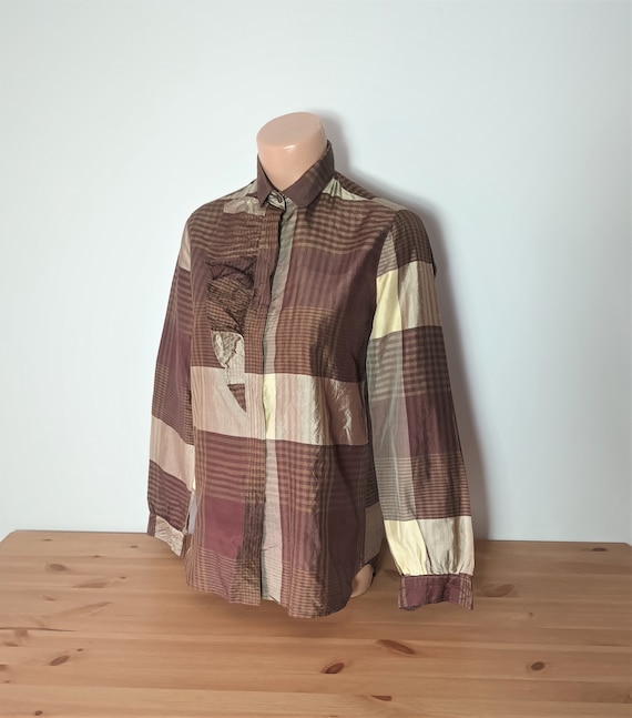 Vintage Women Silk Shirt Size M/38 Brown Plaid Silk Blouse Ruffle Collar Long Sleeve Brown Beige Shirt Buttons Made in India Silk Shiny Top
