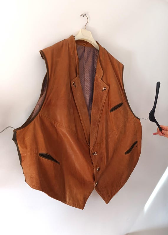 Plus Size Vintage Mens Brown Leather Vest Size 6XL Camel Leather
