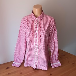 Vintage Women Dirndl Red White Shirt Size L/44 Gingham Red White Shirt Plaid Ruffle Long Sleeve Shirt Embroidered Trachten Cotton Blouse