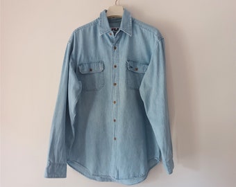 Vintage FILA Men's Blue Denim Shirt Size M Light Blue Denim Long Sleeve Shirt Buttons Cotton Shirt Jean Shirt Light Blue Two Chest Pockets