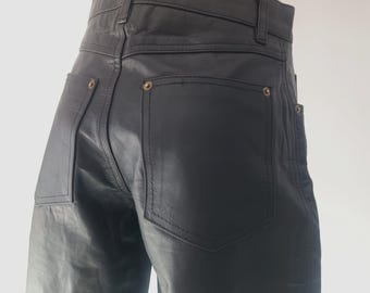Vintage Womens Black Leather Pants Size XXS/XS/28 Black High Waist Straight Skinny Pants Genuine Leather Moto Polo Trousers Biker Pants