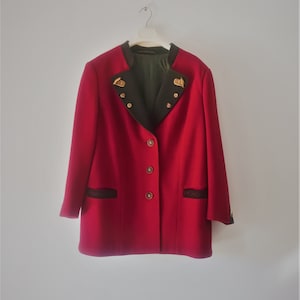 Vintage Women Red Dirndl Wool Jacket Size XL/46 Red Bavarian Wool Short Coat Buttons Front Cardigan Trachten Wool Decorated Collar Jacket