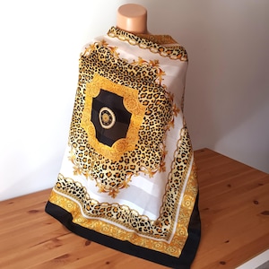 Luxury Vintage Baroque Square Scarf Black Gold White Semi Sheer Scarf Large Barocco Scarf Animal Print Leopard Scarf Gold Chains Italy Scarf